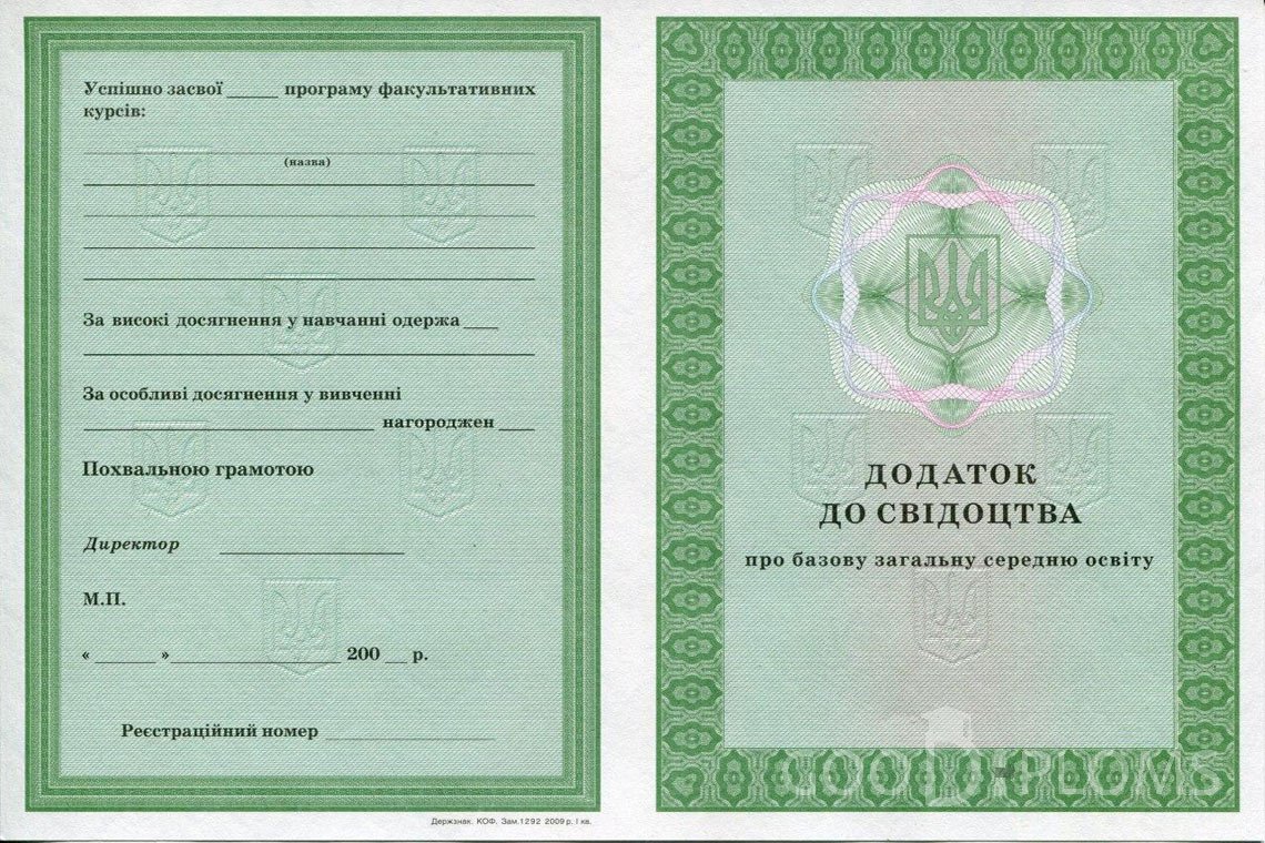 Украинский аттестат за 9 класс - приложение - Житомир