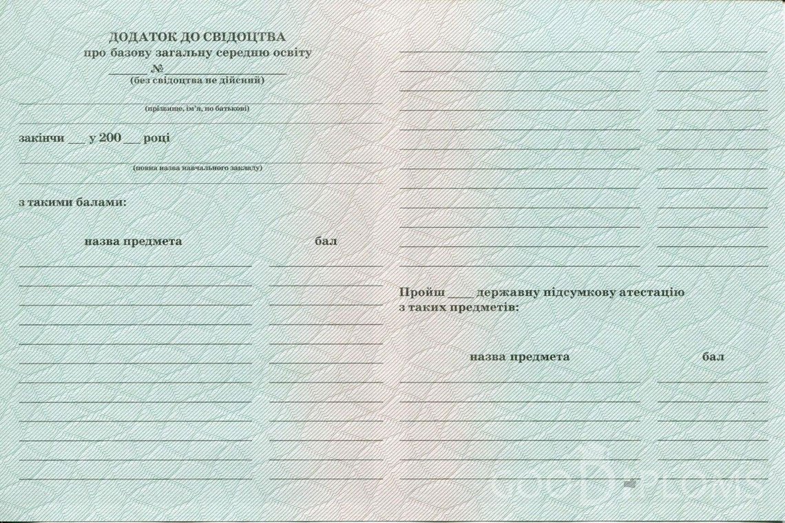 Украинский аттестат за 9 класс - Обратная Сторона приложения- Житомир